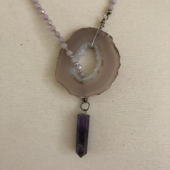 Lavender Geode Pendant Crystal Bead Lariat Necklace Boho Festival Handmade - Picture 4 of 4